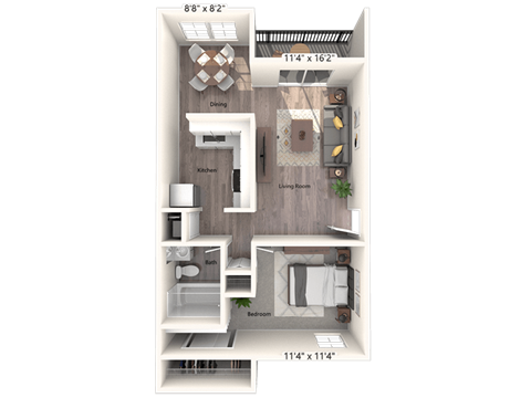 Floor plan for 1 bed, 1 bath, 700 sqft